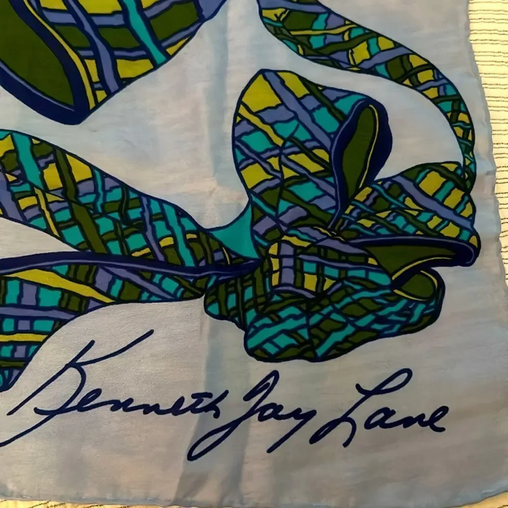 Kenneth Jay Lane silk Blue and Green Bow Scarf